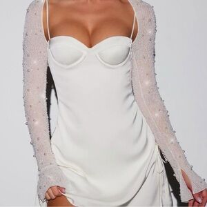 Oh Polly White Mini Dress with Pearl Sleeves